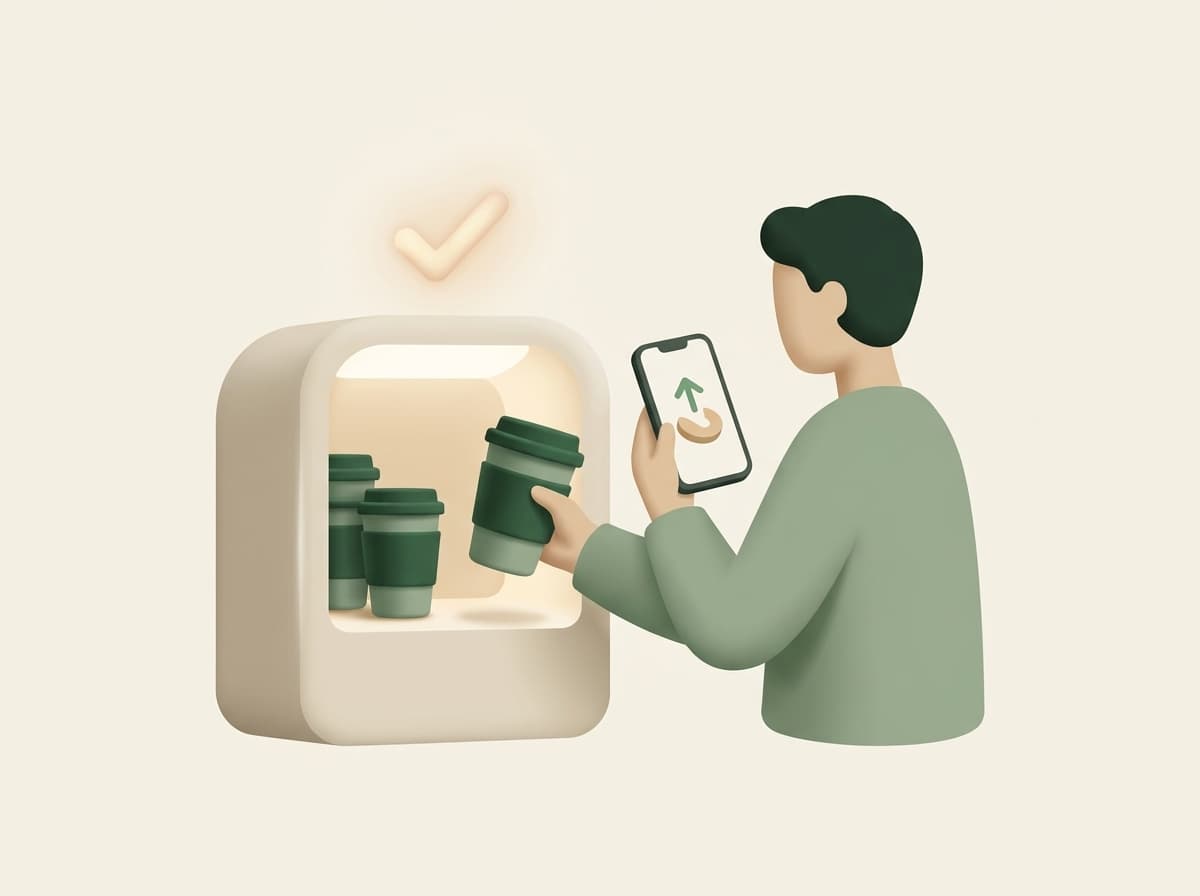 Žmogus grąžina daugkartinį puodelį grąžinimo stotelėje, o telefone matomas automatinio grąžinimo patvirtinimas.